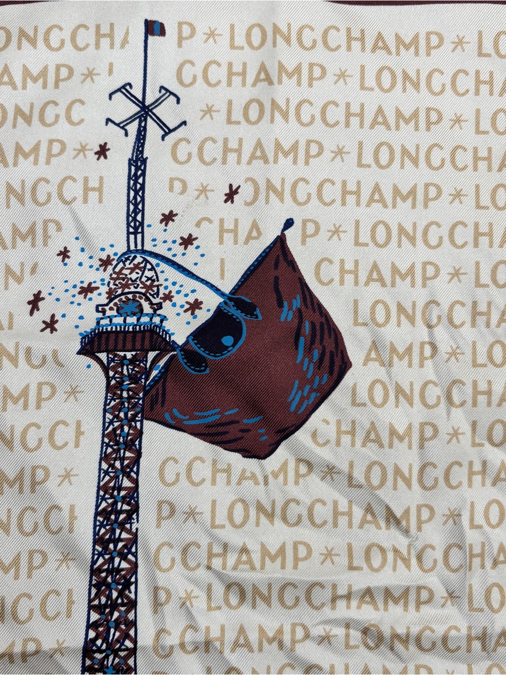Longchamp Paris Gavroche 100% Silk Brown & Cream Eiffel Tower Print Scarf - Picture 7 of 7